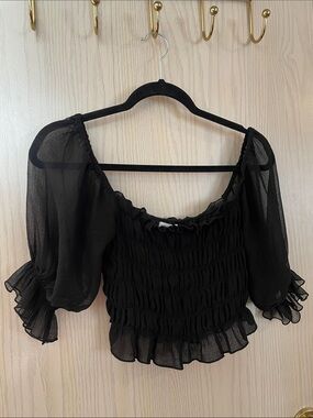 Urban Outfitters Black Smocked Puff Sleeve Crop Top